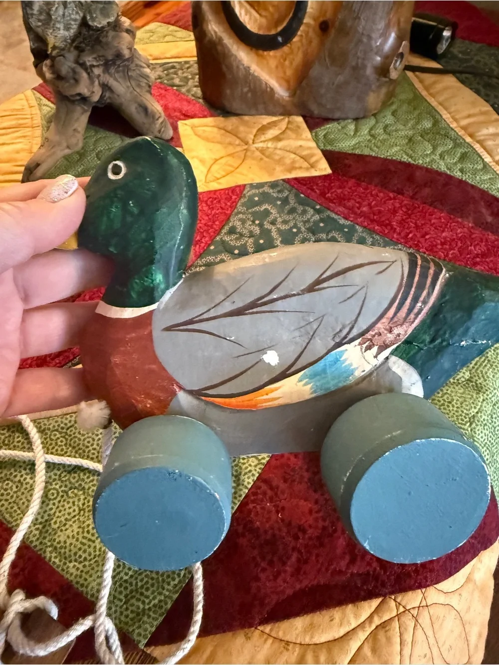 Vintage Hand-Painted Wooden Mallard Pull Toy Green/Brown/Blue